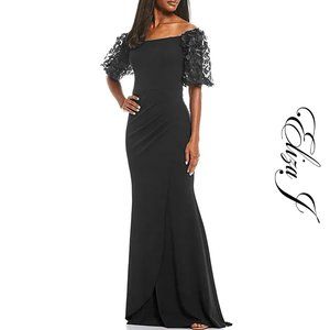 ELIZA J 3D Floral Off-the-Shoulder Elbow Puff Sleeve Scuba Gown (Black)